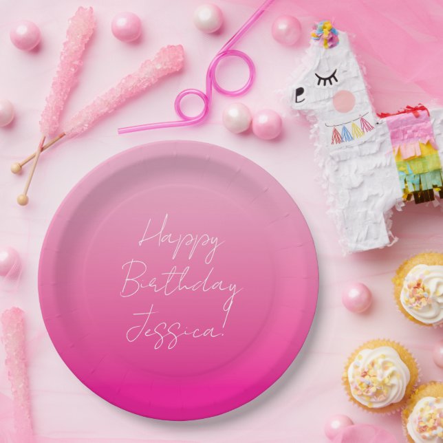 Light and Hot Pink Ombre Happy Birthday Paper Plates (Party)