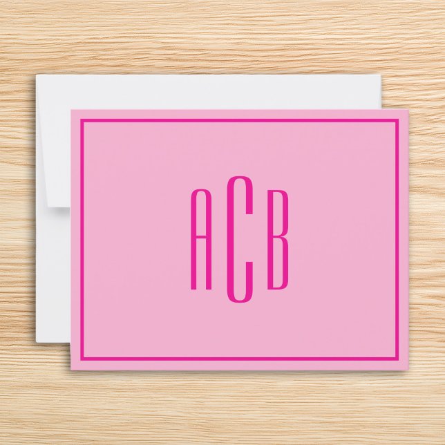 Light and Hot Pink Three Letter Monogram Border Note Card (Light and Hot Pink Three Letter Monogram Border Note Card)
