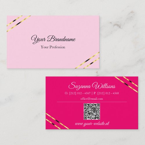 Light and Hot Pink with Gold Lines QR Code Business Card