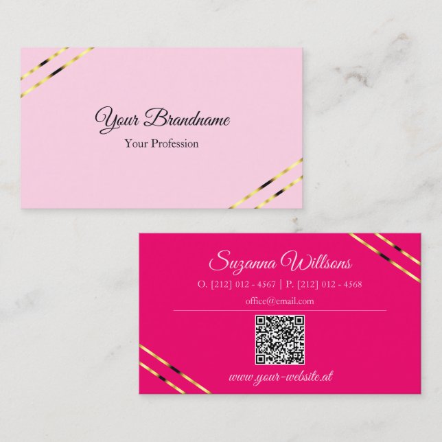 Light and Hot Pink with Gold Lines QR Code Business Card (Front/Back)