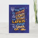 Light and Latkes Non-Photo Hanukkah Greeting Card<br><div class="desc">A fun,  bright and colorful,  hand-lettered Hanukkah sentiment,  with latkes and lights of the menorah,  this greeting card has a humorous punch line on the inside. A photo could be added to the inside left panel!</div>