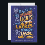 Light and Latkes Non-Photo Hanukkah Holiday Card<br><div class="desc">Non-photo card, featuring, a bright and colorful, hand-lettered Hanukkah sentiment, with latkes and lights of the menorah. The reverse side has a coordinating pattern and family photos can be added.</div>