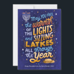 Light and Latkes Non-Photo Hanukkah  Holiday Card<br><div class="desc">Non-photo card,  featuring,  a bright and colorful,  hand-lettered Hanukkah sentiment,  with latkes and lights of the menorah. The reverse side has a coordinating pattern and family photos can be added.</div>