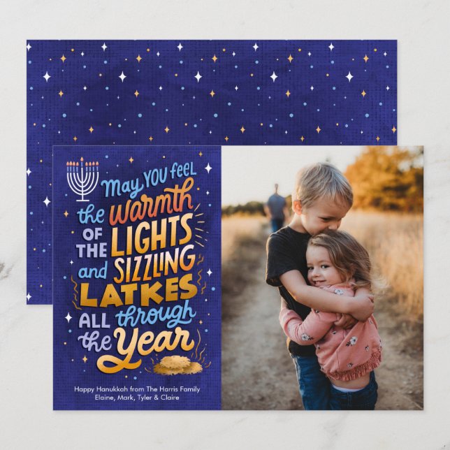 Light and Latkes One Photo Hanukkah  Holiday Card (Front/Back)