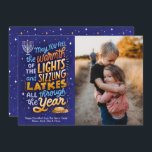 Light and Latkes One Photo Hanukkah  Holiday Card<br><div class="desc">This one-photo card,  features,  a bright and colorful,  hand-lettered Hanukkah sentiment,  with latkes and lights of the menorah. The reverse side has a coordinating pattern and additional family photos can be added.</div>