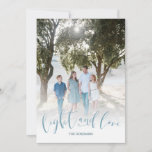 Light and Love Blue Photo Holiday Card<br><div class="desc">This design features your favorite photo and beautiful blue calligraphy.</div>