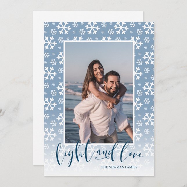 Light and Love Snowy Hanukkah Photo Holiday Card (Front/Back)