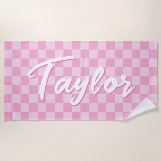 Light and Pale Pink Checkerboard Bold Name Beach Towel (Front)