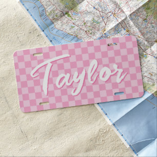 Light and Pale Pink Checkerboard Bold Name License Plate