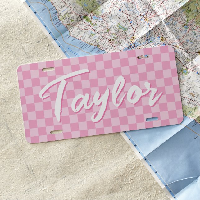 Light and Pale Pink Checkerboard Bold Name License Plate (In Situ)