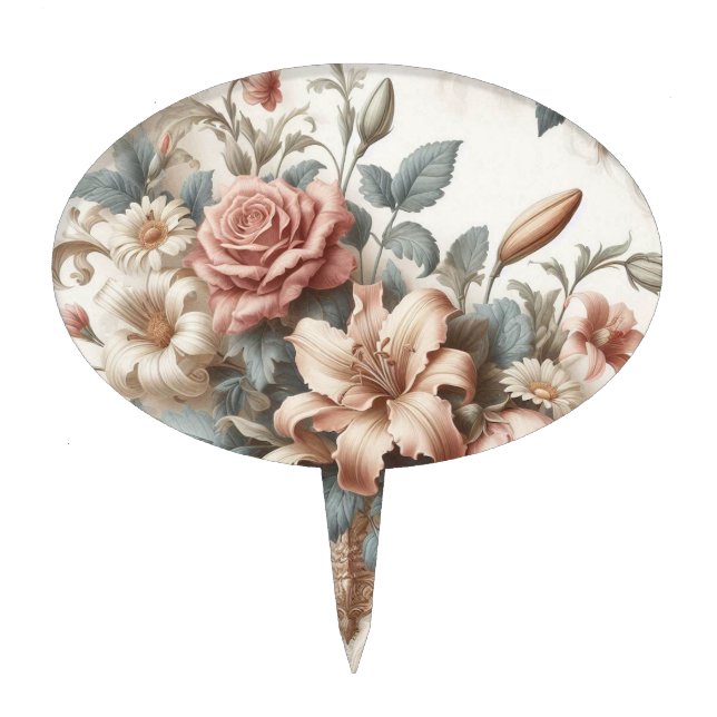 Light Antique Floral Perfection Cake Topper (Front)