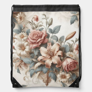 Light Antique Floral Perfection Drawstring Bag