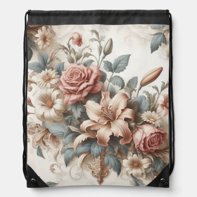 Light Antique Floral Perfection Drawstring Bag (Front)