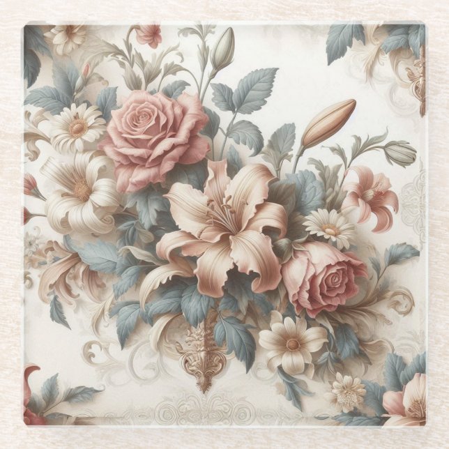 Light Antique Floral Perfection Glass Coaster (Front)
