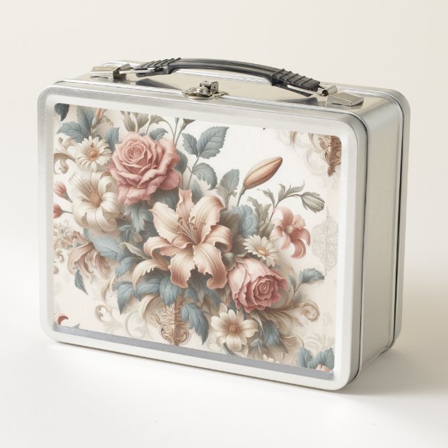 Light Antique Floral Perfection Metal Lunch Box (Front)