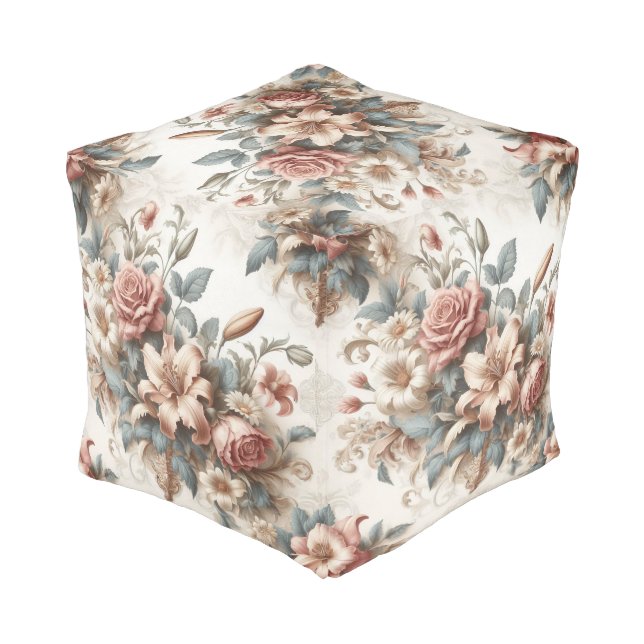 Light Antique Floral Perfection Pouf (Angled Back)