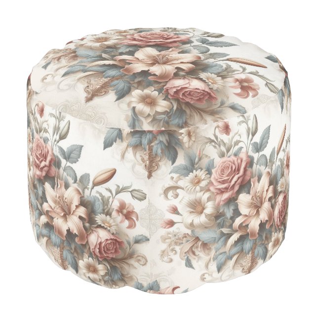 Light Antique Floral Perfection Pouf (Angled Back)