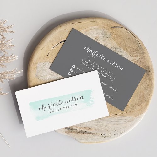 Light Aqua and Gray Watercolor Logo Business Card