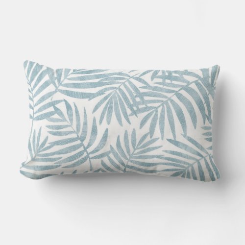 Light Aqua Blue and White Palm Leaf Lumbar Pillow