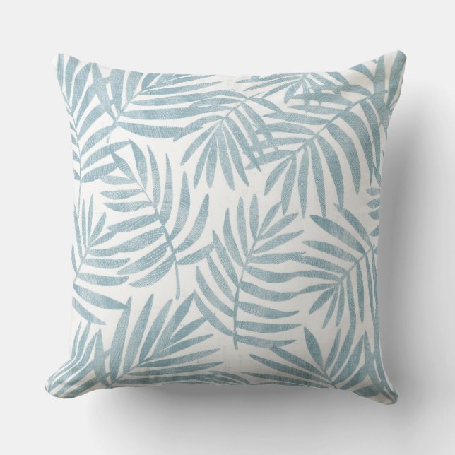 Light Aqua Blue and White Palm Leaf Throw Pillow (Front)