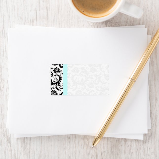Light Aqua Blue & Black Damask Dots Shipping Label (Insitu)