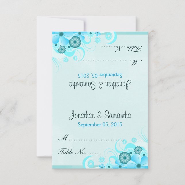Light Aqua Blue Floral Tent Wedding Place Card (Front)