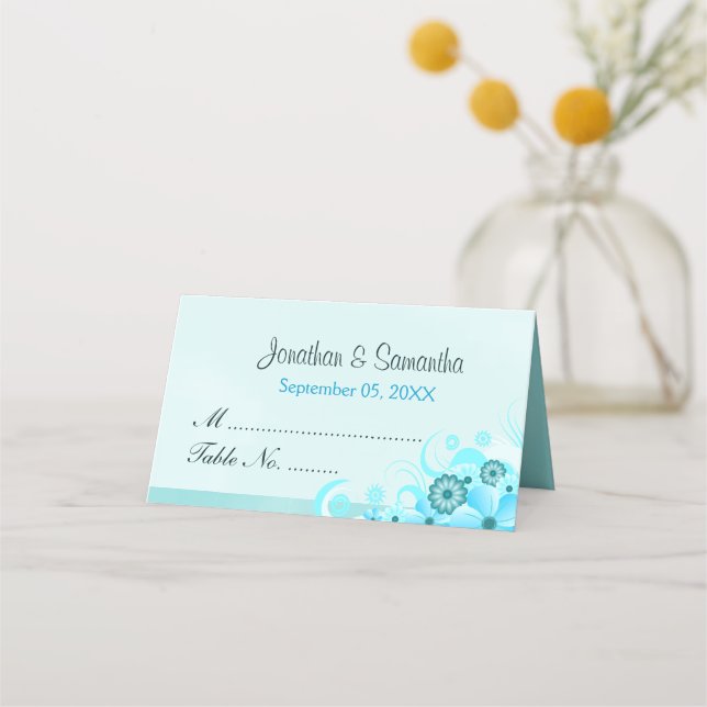 Light Aqua Blue Hibiscus Floral Folded Table Place Card (Front)