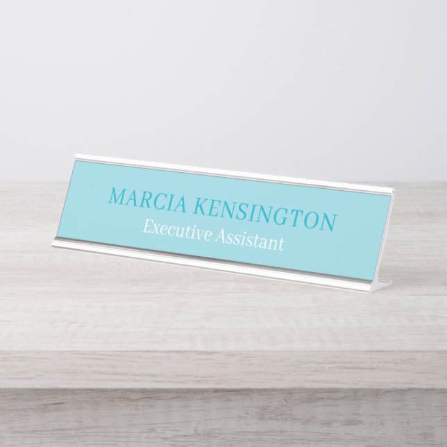 Light Aqua Blue Modern Professional Desk Name Plate (Front)