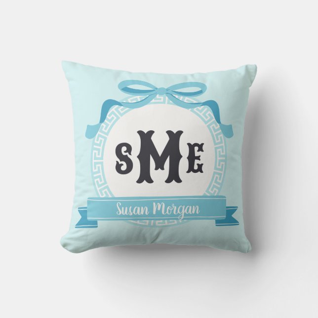 Light Aqua Blue Reverse Greek Key Bow Monogram Throw Pillow (Front)