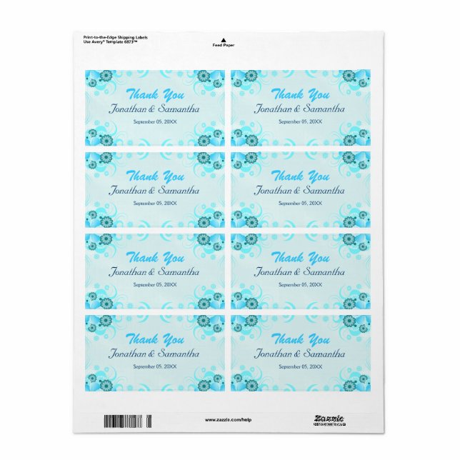 Light Aqua Blue Teal Floral Large Wedding Favor Label (Full Sheet)