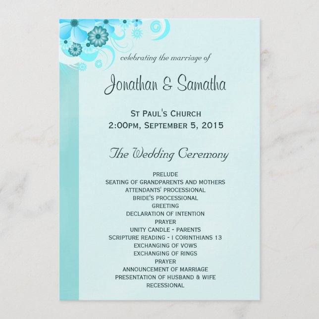 Light Aqua Blue Turquoise Floral Wedding Program (Front)