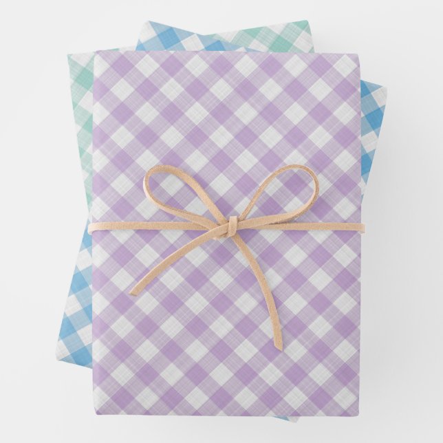 Light Aqua Turquoise Green Blue Pink Gingham Wrapping Paper Sheets (In situ)