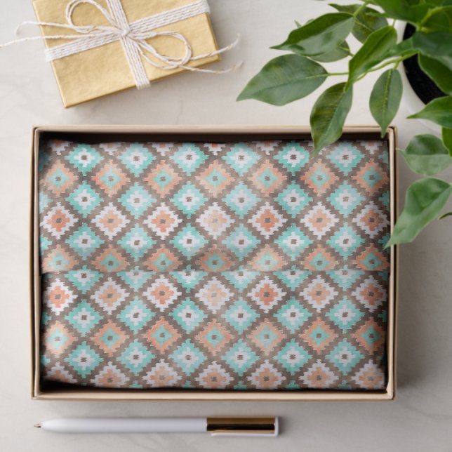 Light Aqua Turquoise Teal Orange White Mosaic Art Tissue Paper (Gift)