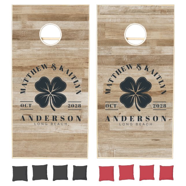 Light Ash Wood Irish Lucky Clover Wedding Crest Cornhole Set (Set)