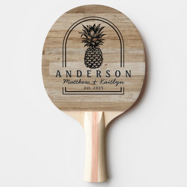 Light Ash Wood Pineapple Wedding Arch & Name Ping Pong Paddle (Front)