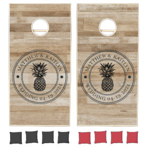 Light Ash Wood Pineapple Wedding Crest & Names Cornhole Set