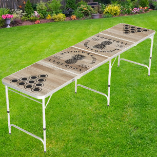 Light Ash Wood Tropical Pineapple Wedding Crest Beer Pong Table