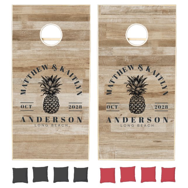 Light Ash Wood Tropical Pineapple Wedding Crest Cornhole Set (Set)