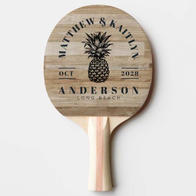 Light Ash Wood Tropical Pineapple Wedding Crest Ping Pong Paddle (Back)