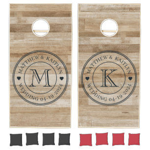 Light Ash Wood Wedding Monogram Heart Cornhole Set