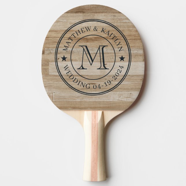 Light Ash Wood Wedding Monogram Star Ping Pong Paddle (Front)