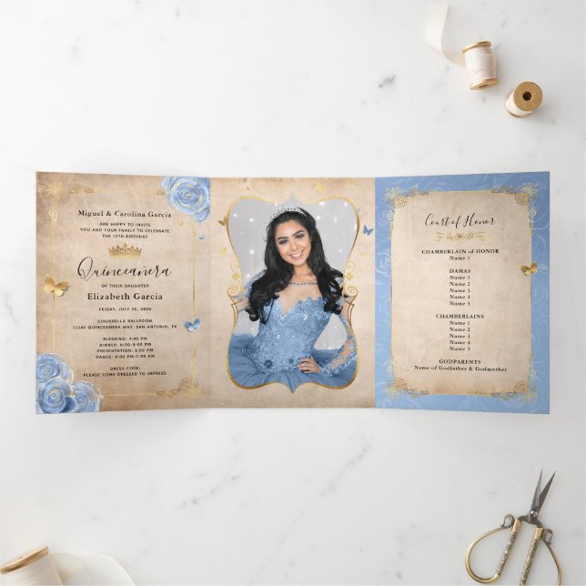 Light Baby Blue and Gold Elegant Photo Quinceanera Tri-Fold Invitation (Inside)