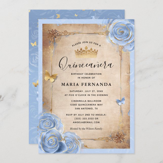 Light Baby Blue and Gold Rose Elegant Quinceanera Invitation (Front/Back)
