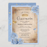 Light Baby Blue and Gold Rose Elegant Quinceanera Invitation<br><div class="desc">Elegant light baby blue rose gold quinceanera invitations that are easily personalized for your sweet 15/16 birthday party! The luxurious pastel blue design features gold butterfly confetti coupled with light blue watercolor roses illustrated by Raphaela Wilson. On the front, a fancy scrolled dresses/gown border beautifully accents the old vintage parchment...</div>