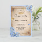 Light Baby Blue and Gold Rose Elegant Quinceanera Invitation (Standing Front)