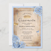 Light Baby Blue and Gold Rose Elegant Quinceanera Invitation (Front)