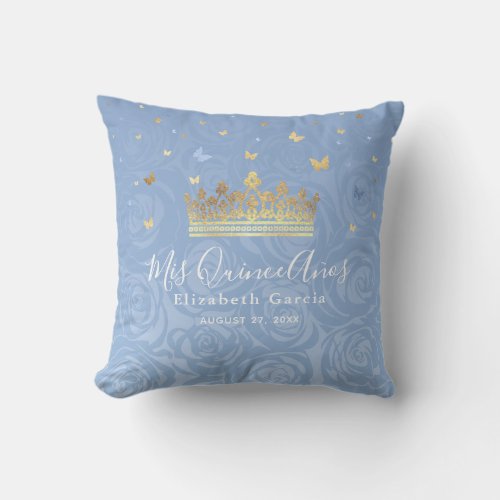 Light Baby Blue and Gold Rose Mis Quince Anos Throw Pillow