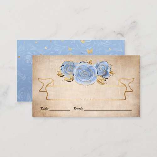 Light Baby Blue and Gold Rose Watercolor Escort Place Card