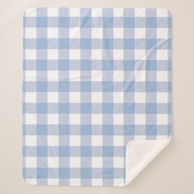 Light Baby Blue Buffalo Check Plaid Farmhouse Sherpa Blanket (Front)