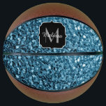 Light baby blue faux glitter sparkle Monogram name Basketball<br><div class="desc">Personalize faux sparkly trendy girly sport equipment basketball ball with your initial and name.  Beautiful girly glamorous light blue shiny glitters sparkles blue summer colors. We use photo of blue sparkles,  not actual glitter! Faux sparkles!</div>